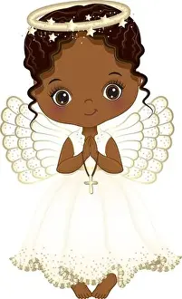 Vector Cute African American Girl Angel Holding Cross, Praying