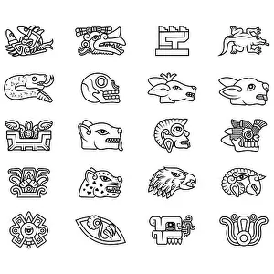 Compass Prints: Vector design of symbols of ancient Aztec Civilization, hieroglyphs of the Aztec calendar