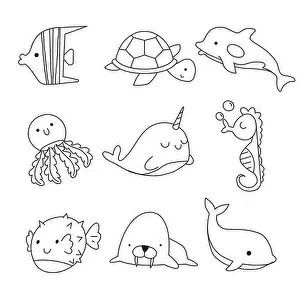 Seahorse Prints: Vector doodle set of sea elements isolated on white background