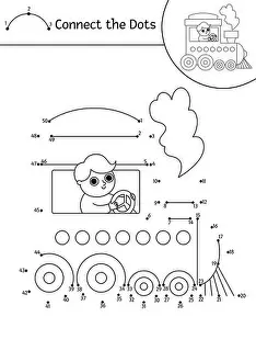Rails Prints: Vector dot-to-dot and color activity with cute steam train and driver