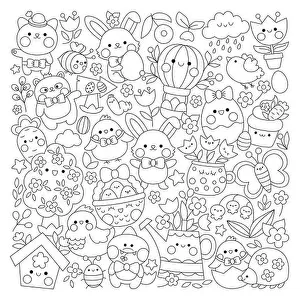 Panda Prints: Vector Easter square line coloring page for kids with cute kawaii characters