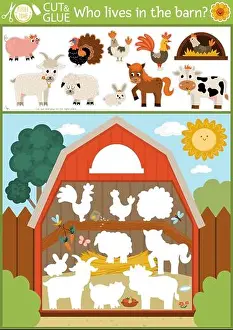 Vector on the farm cut and glue activity. Crafting game with cute farm animals and birds in the barn. Fun printable worksheet. Find right piece of