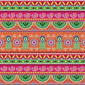Folk Art Prints: Vector floral seamless folk art pattern - Indian truck art floral