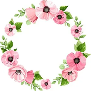 Vector floral wreath with pink poppy flowers and green leaves. Floral circle frame. Greeting or invitation card design
