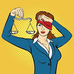 Judgment Prints: Vector hand drawn pop art illustration of young woman with the Libra in her hand