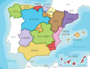 Infographics Prints: Vector illustrated map of Spain with regions and territories and administrative divisions