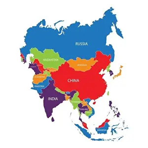 Korea Prints: Vector illustration Asia outline map with countries names isolated on white background