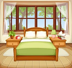 Alarm Clock Prints: Vector illustration of a bedroom interior with a bed and a big window