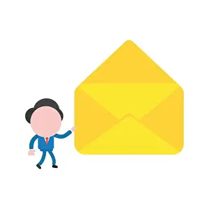 Vector illustration businessman character walking and holding open empty mail envelope