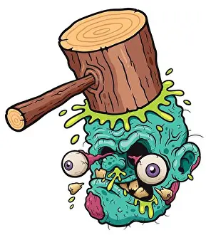 Cruel Prints: Vector illustration of Cartoon funny hammer banging zombie head