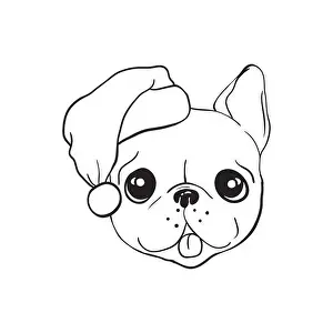 Hand Drawn Vector Vectors Prints: Vector illustration of christmas dog, Merry Christmas. bulldog in Santa's hat sketch