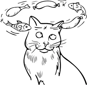 Dreaming Prints: Vector illustration dizzy cat dreaming about delicacies – fish