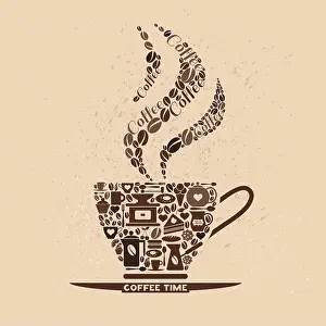 Cafeteria Prints: Vector illustration of icon or logo of brown colored coffee cup made of coffee beans