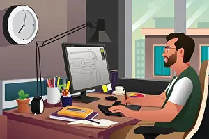 Graphic Designer Prints: A vector illustration of illustrator working in front of computer using a pen