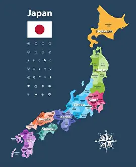 Hiroshima Prints: vector illustration of Japanese flag and prefectures map colored by regions