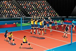 Competitor Prints: A vector illustration of people playing volleyball in the competition for sport competition series