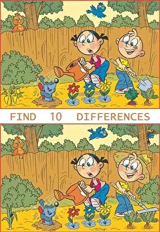 Difficulty Prints: Vector illustration with a puzzle where you need to find ten differences in the pictures with working children