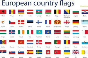 Vector illustration set of European country flags with names. 50 countries