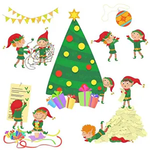 Miracle Prints: Vector illustration of small cute elves decorating Christmas tree