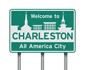 Charleston Prints: Vector illustration of the Welcome to Charleston green and white road sign