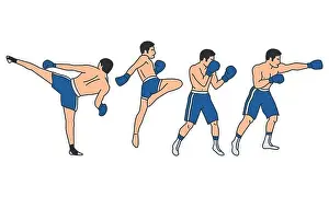 Vector illustrations set of mixed fighting positions on white background. Gymnastics and healthy lifestyle topic