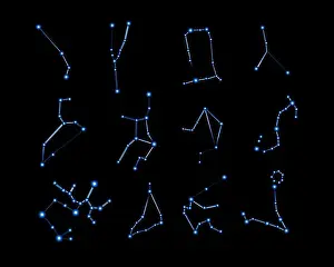 Taurus Prints: Vector isolated illustration set of zodiac sign constellations with neon effect
