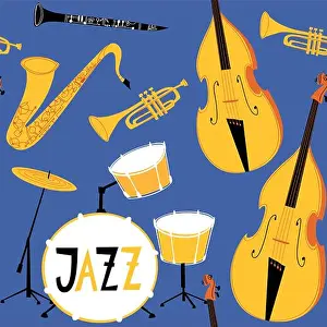 Bass Prints: Vector jazz seamless pattern with musical instruments