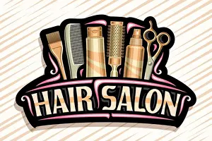Tools Prints: Vector logo for Hair Salon, dark decorative sign board with professional beauty accessories