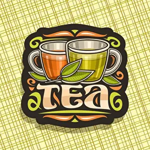 Teacup Prints: Vector logo for Tea, dark decorative badge with illustration of 2 glass cups with yellow and brown liquid