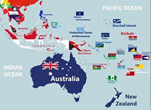 New Caledonia Prints: vector map of Australia, Oceania and South East Asian countries mixed with their national flags