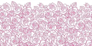 Wedding Card Prints: Vector pink and white roses and berries flowerbed outline horizontal border pattern