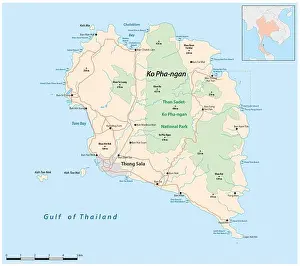 Gulf Of Thailand Prints: Vector road map of the Thai island of Ko Pha-ngan