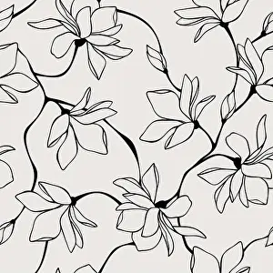 Magnolia Prints: Vector seamless floral pattern with magnolia flowers. Line art illustration