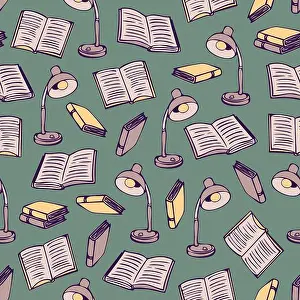 Dictionary Prints: Vector seamless pattern with books and lamps. Hand drawn design