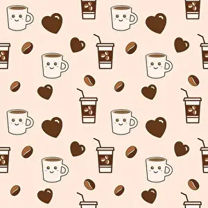 Seamless Pattern Prints: Vector seamless pattern of coffee cups and mugs with coffee beans and little hearts on a creme background