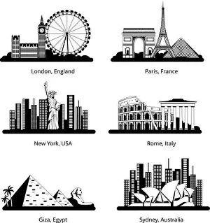 Giza Prints: Vector silhouette set with panoramas of famous landmarks