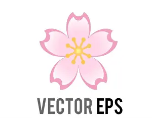 Sakura Prints: Vector single light pink sakura flower of cherry blossom icon with five petals and red-tipped stamens in yellow center