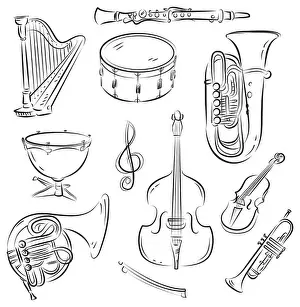 Bass Prints: Vector sketch set of Symphony Orchestra musical instruments