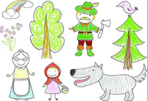 Lumberjack Prints: Vector sketches with characters of Little red riding hood fairy-tale - wolf