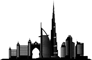 Dhabi Prints: Vector skyline illustration of Dubai city silhouette isolateed on a white background