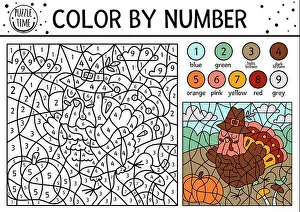Vector Thanksgiving color by number activity with turkey and pumpkin in the field. Autumn holiday counting game with cute bird. Funny fall or farm col