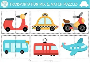 Rebus Prints: Vector transportation mix and match puzzle with cute scooter