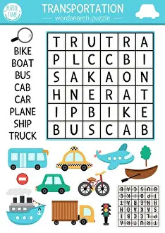 Crossword Prints: Vector transportation wordsearch puzzle for kids