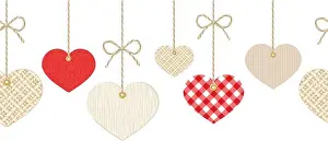 Vector Valentines horizontal seamless background with hanging textured paper, fabric and wooden hearts on white