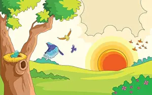 Early Morning Prints: Vector vector illustration showing flying birds, sun and tree