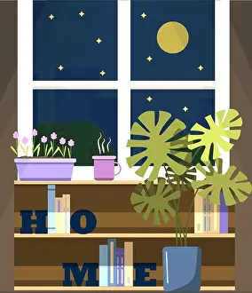 Monstera Prints: Vector window with a view of the night city