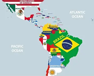Mexico Prints: vector part of world map with region of Latin American countries mixed with their national flags