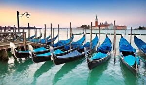 Images Dated 11th August 2012: Venice - Gondolas along Grand Canal before sunrise, Venice, Vento, Italy