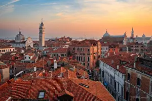 Venice; Italy rooftop skyline towards San Giorgio dei Greci and its leaning bell tower