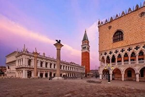 Images Dated 23rd January 2022: Venice, Italy at Saint Mark's Square at the Tower and Doge's Palace in the morning